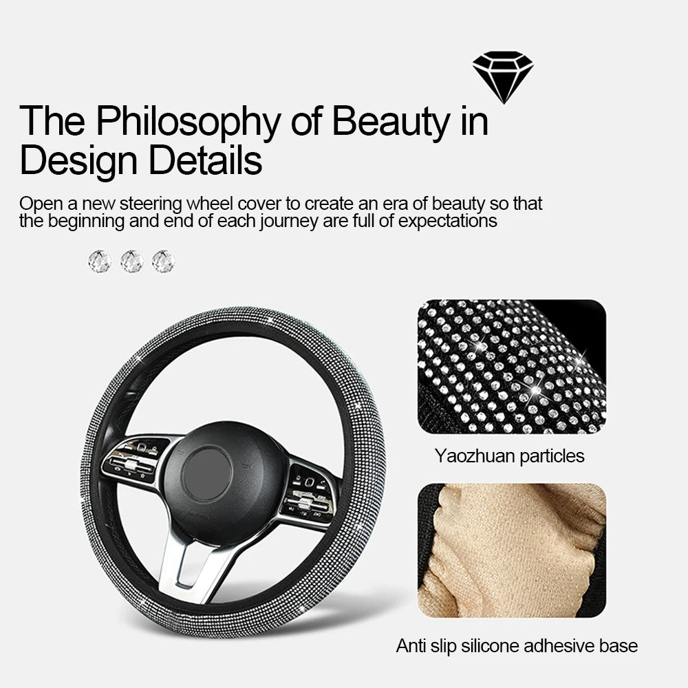 14.5-15 Inch Rhinestones Steering Wheel Cover with Crystal Diamond Sparkling Breathable Anti-Slip Auto Inter Parts Accessories