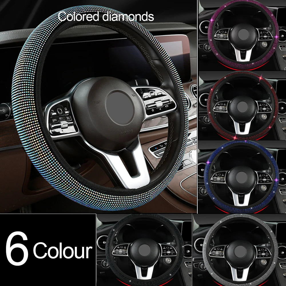 14.5-15 Inch Rhinestones Steering Wheel Cover with Crystal Diamond Sparkling Breathable Anti-Slip Auto Inter Parts Accessories