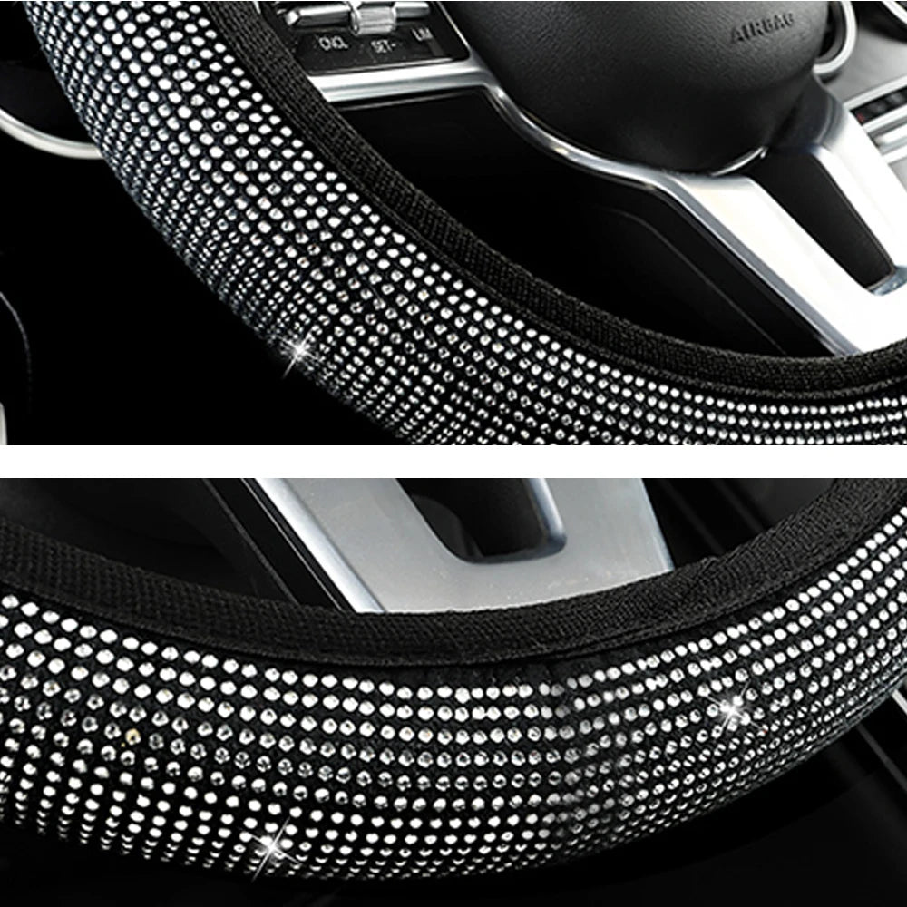 14.5-15 Inch Rhinestones Steering Wheel Cover with Crystal Diamond Sparkling Breathable Anti-Slip Auto Inter Parts Accessories