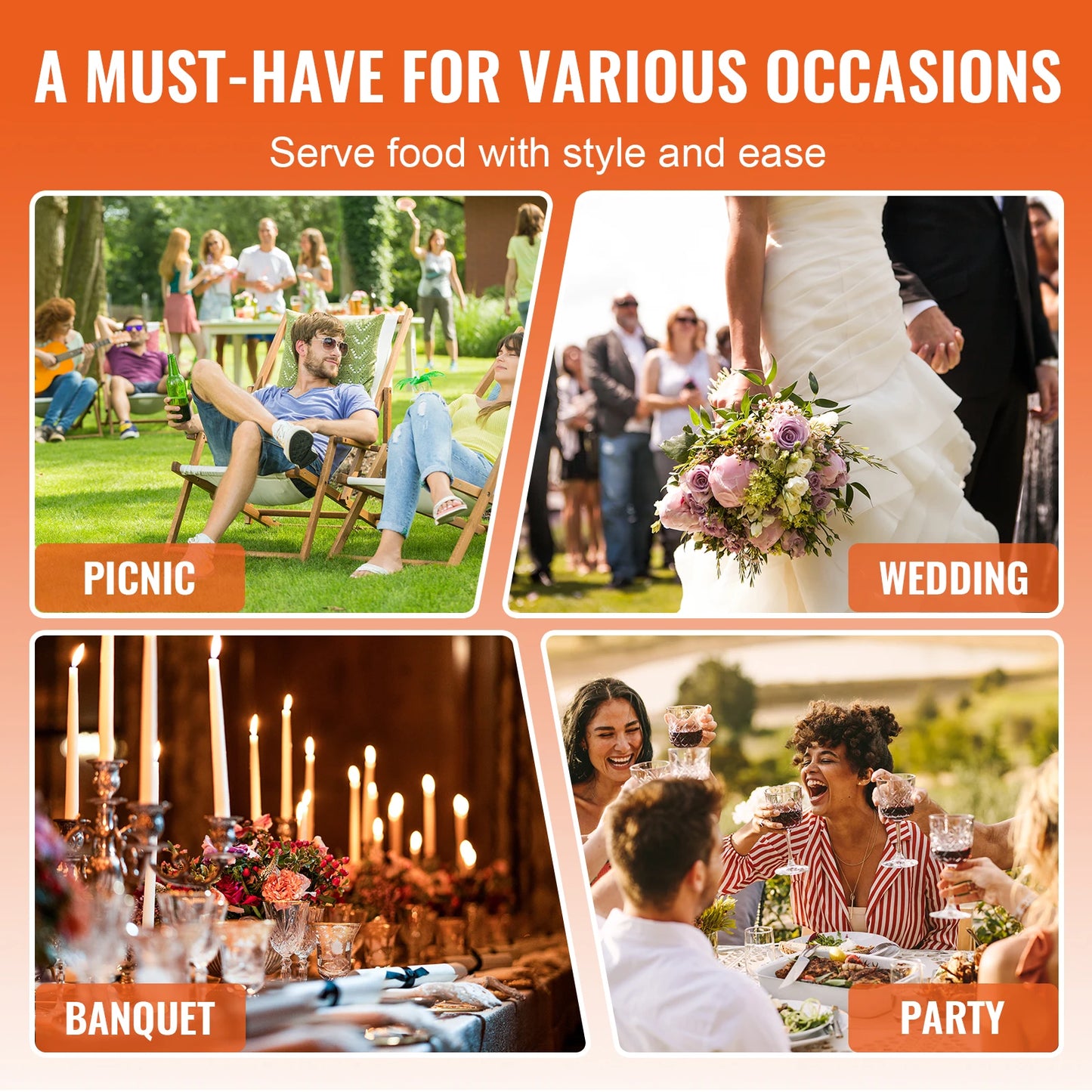 VEVOR 6 Packs 8QT Rectangle Chafing Dish w/ Full Size Pans Buffet Catering Warmer Server Folding Stand Fuel Holder Tray