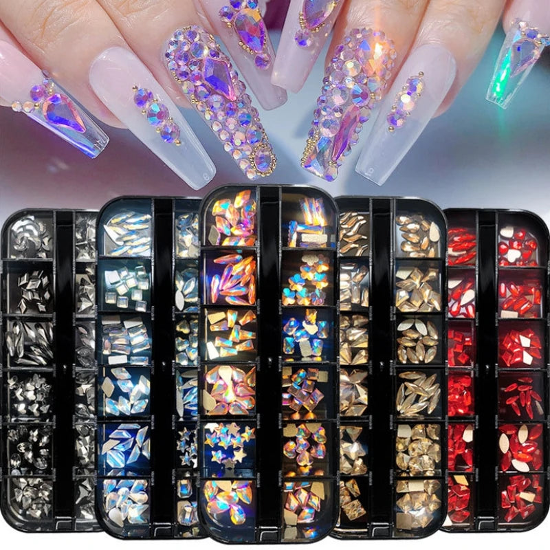 12 Grid/Box Nail Art Rhinestone 3D Decoration Crystal Stone Accessories Clear Flat Bottom Mixed Shape Sparkle DIY Beauty Health