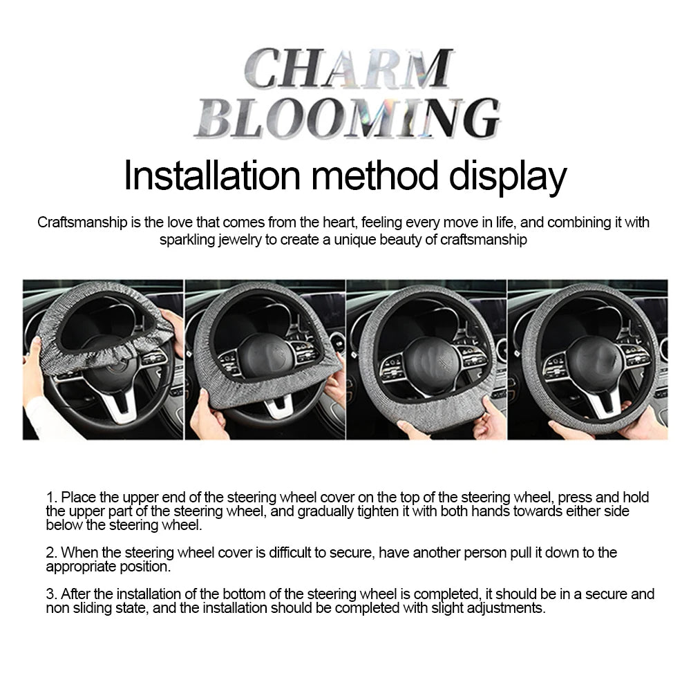 14.5-15 Inch Rhinestones Steering Wheel Cover with Crystal Diamond Sparkling Breathable Anti-Slip Auto Inter Parts Accessories