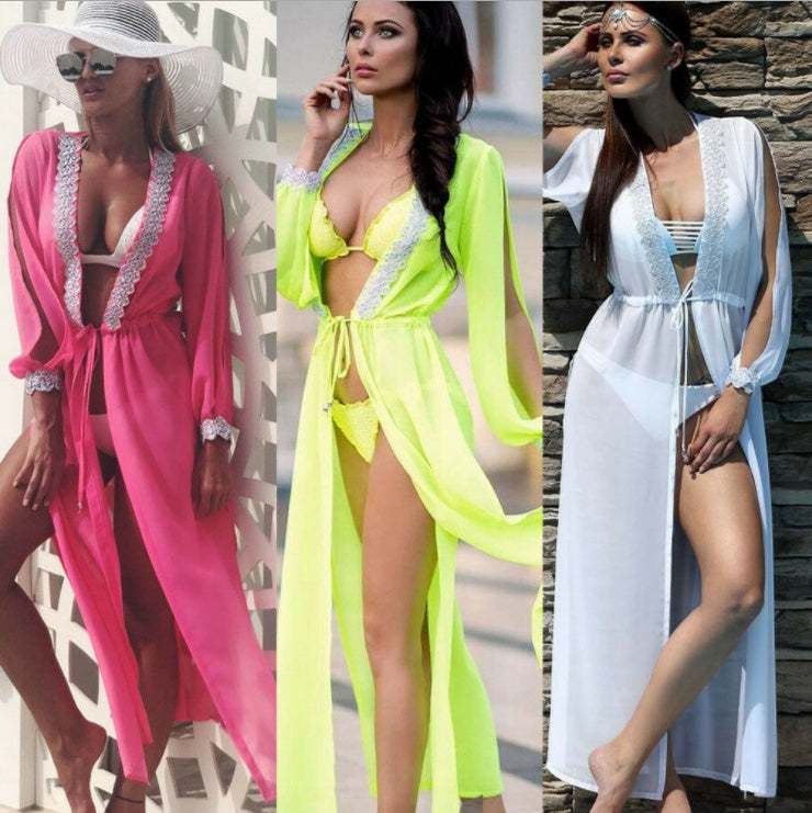 Long sleeve lace split perspective lace up blouse for women