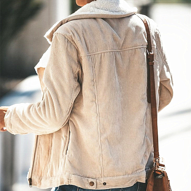 Corduroy contrast lamb fur lapel coat