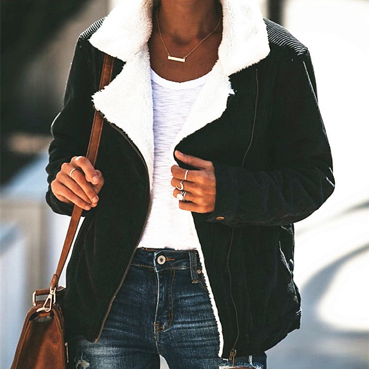 Corduroy contrast lamb fur lapel coat