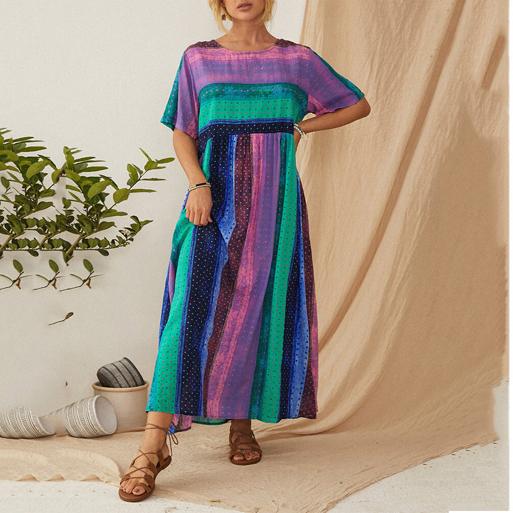 New Product Striped Stitching Large Size Loose Dress Women