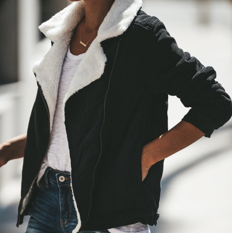 Corduroy contrast lamb fur lapel coat