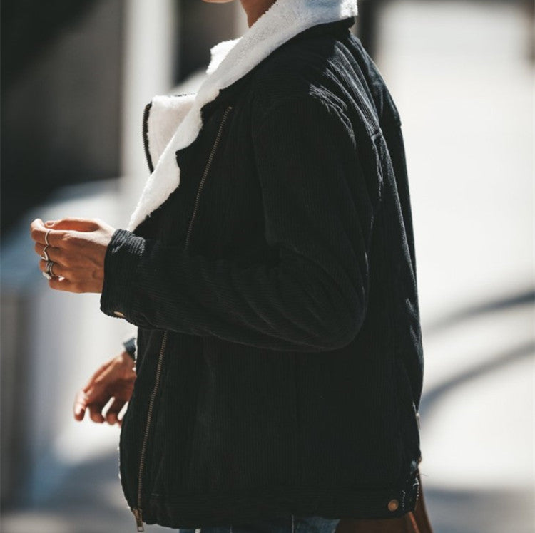 Corduroy contrast lamb fur lapel coat