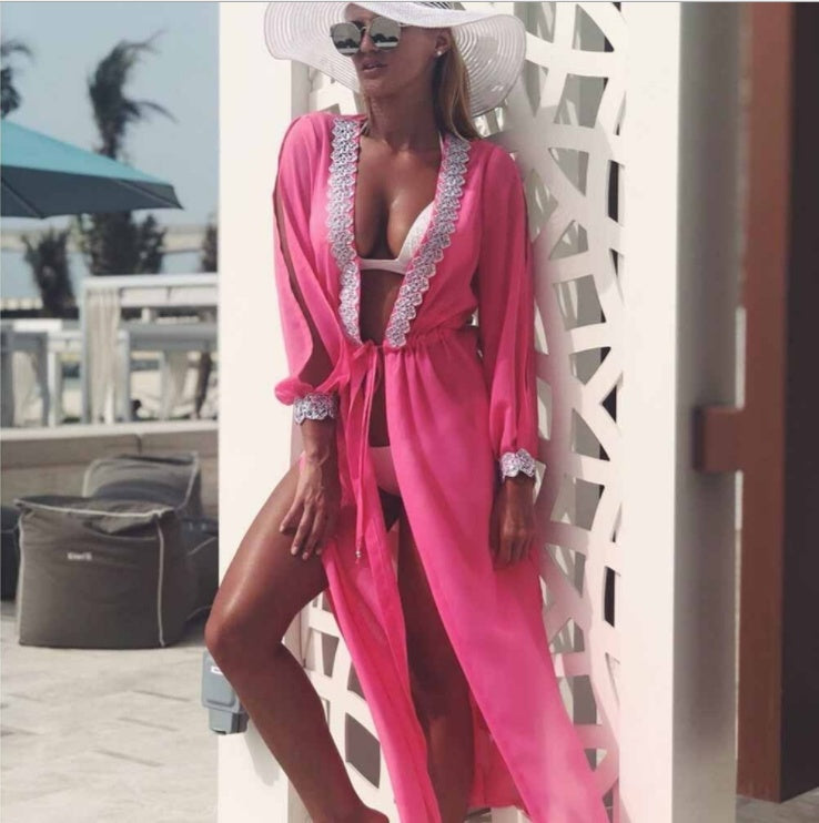 Long sleeve lace split perspective lace up blouse for women