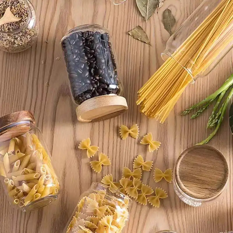 Sealed food storage jars Wood Lid Glass Airtight Canister Tea Coffee Beans Kitchen Storage Bottles Jar Sealed Grounds Candy Jars