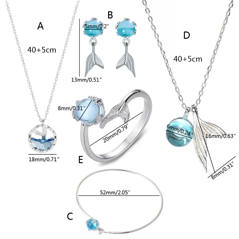 Blue Sea Crystal Mermaids Earrings Women Beauty Fishtailh Bracelet Rings Mermaids Pendant Necklace Fashion Jewelry