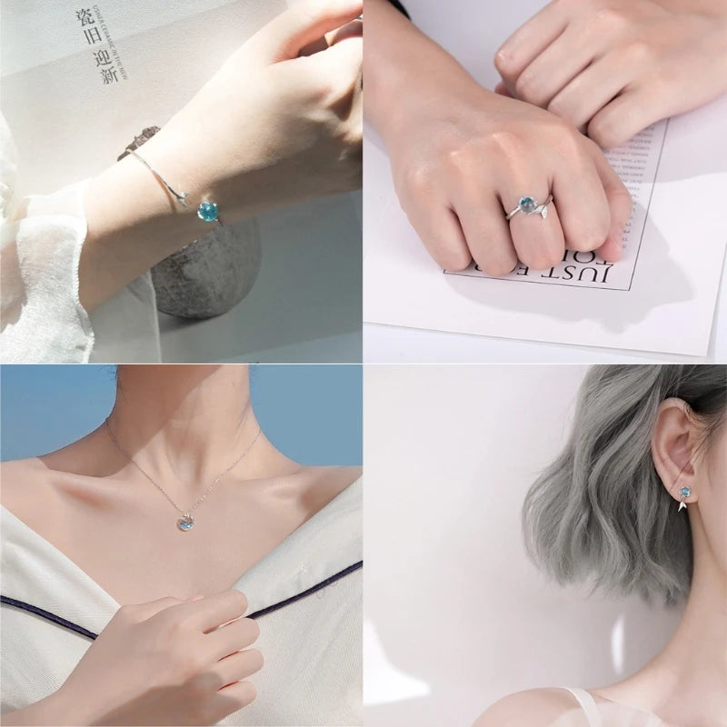 Blue Sea Crystal Mermaids Earrings Women Beauty Fishtailh Bracelet Rings Mermaids Pendant Necklace Fashion Jewelry