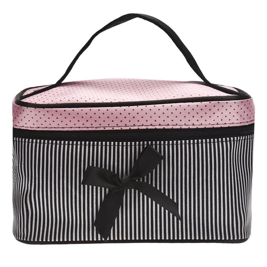 Women Travel Bow Stripe Make Up Bags Girl Cosmetic Bag Makeup Beauty Bra Wash Organizer Toiletry Pouch Storage Kit Bath Case