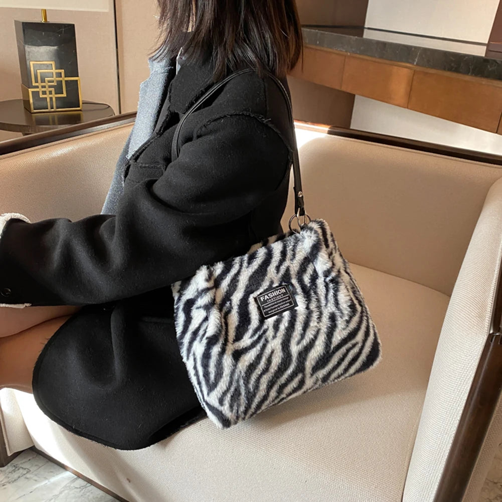 Women Plush Tote Bag Versatile Furry Shoulder Bag Zebra/Cow Pattern Fluffy Satchel Bag Cute Tote Handbag Fuzzy Faux Fur Handbag