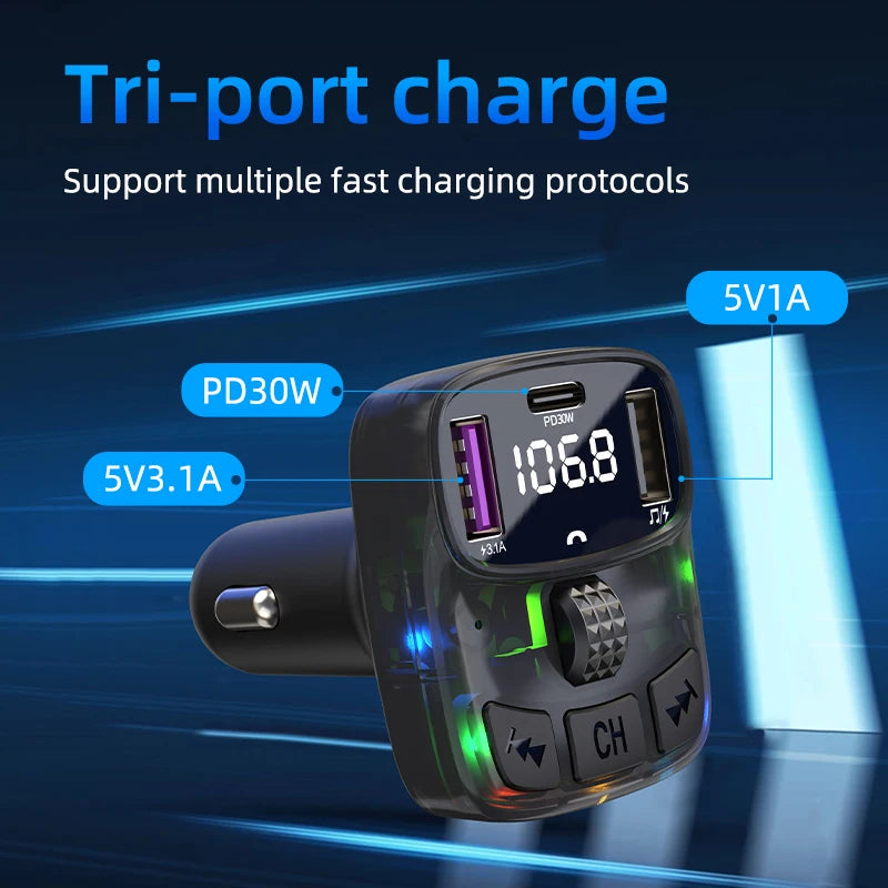 Bluetooth 5.3 Car FM Transmitter PD 30W Dual USB 3.1A Type-C Car Charger Handsfree Car Kit Mp3 Player Autoradio