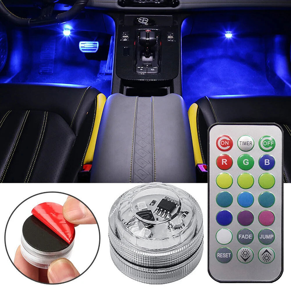 2/4pcs Wireless Adhesive Multicolor Atmosphere Light with Remote Control Kit IP68 Waterproof Car Interior Roof Foot Ambient Lamp