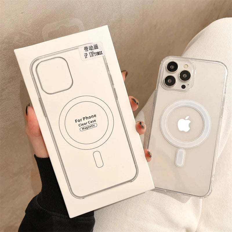 Luxury Not Yellowing Clear Acrylic PC Phone Case For iPhone 15 14 13 12 11 Pro Max Plus Magsafe Magnetic Wireless Charge Cover