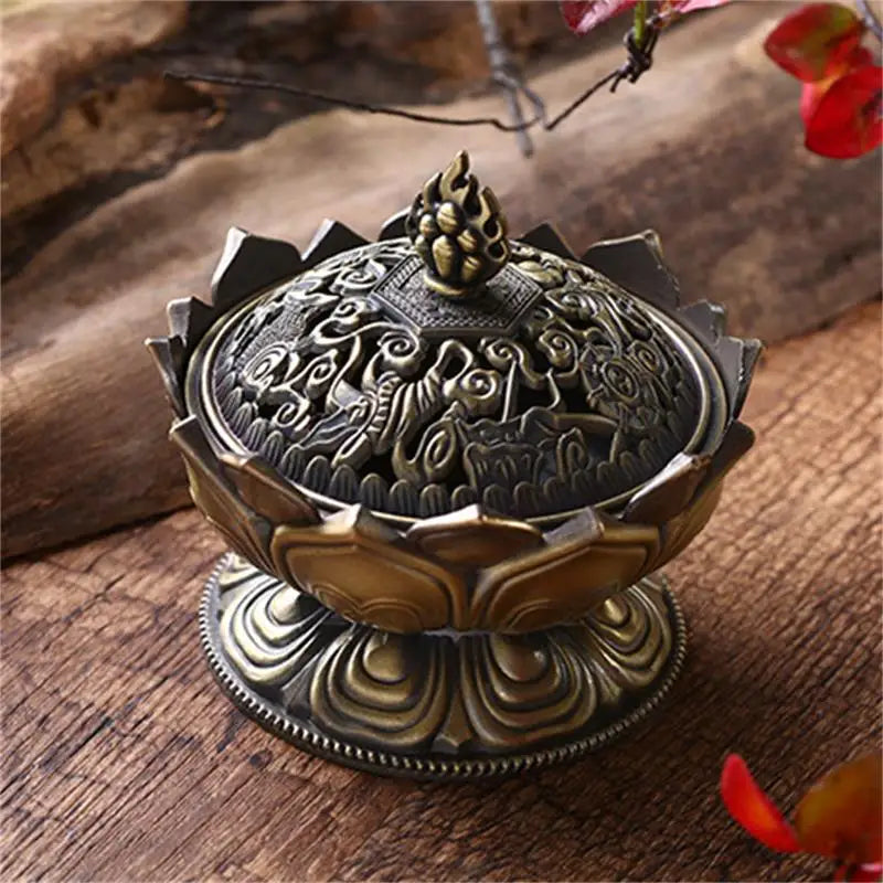 Alloy Incense Burner Chinese Buddha Lotus Flower Incense Holder Censer Buddhist Home Office Decoration No Fragrance Rack