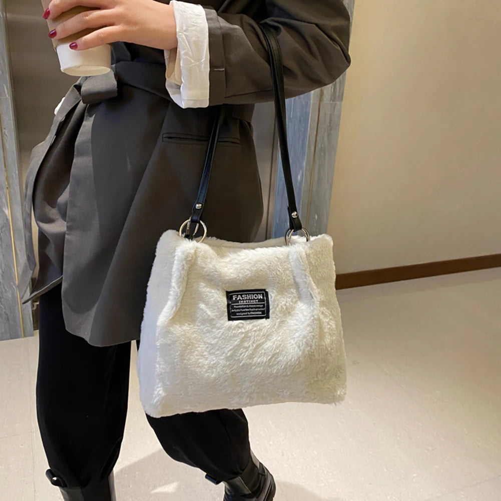 Women Plush Tote Bag Versatile Furry Shoulder Bag Zebra/Cow Pattern Fluffy Satchel Bag Cute Tote Handbag Fuzzy Faux Fur Handbag