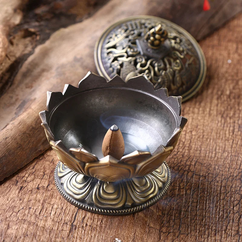 Alloy Incense Burner Chinese Buddha Lotus Flower Incense Holder Censer Buddhist Home Office Decoration No Fragrance Rack
