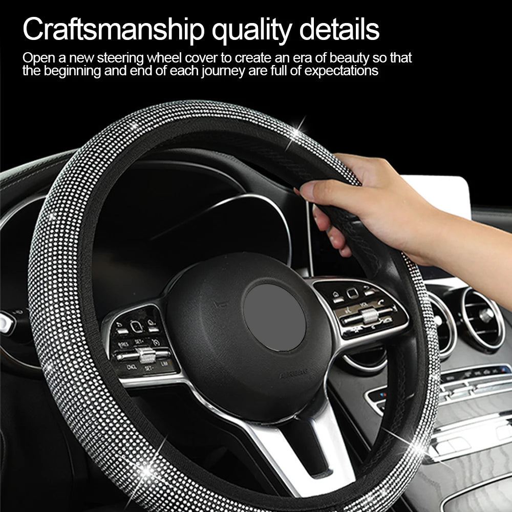 14.5-15 Inch Rhinestones Steering Wheel Cover with Crystal Diamond Sparkling Breathable Anti-Slip  Auto Inter Parts Accessories