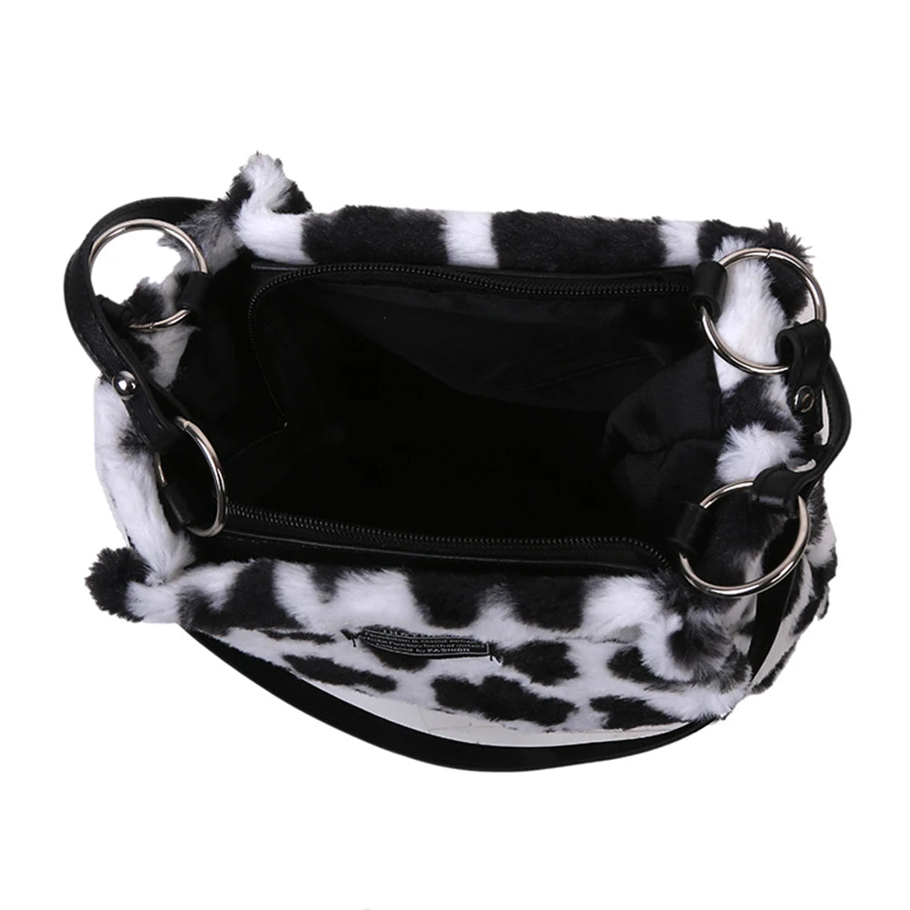 Women Plush Tote Bag Versatile Furry Shoulder Bag Zebra/Cow Pattern Fluffy Satchel Bag Cute Tote Handbag Fuzzy Faux Fur Handbag