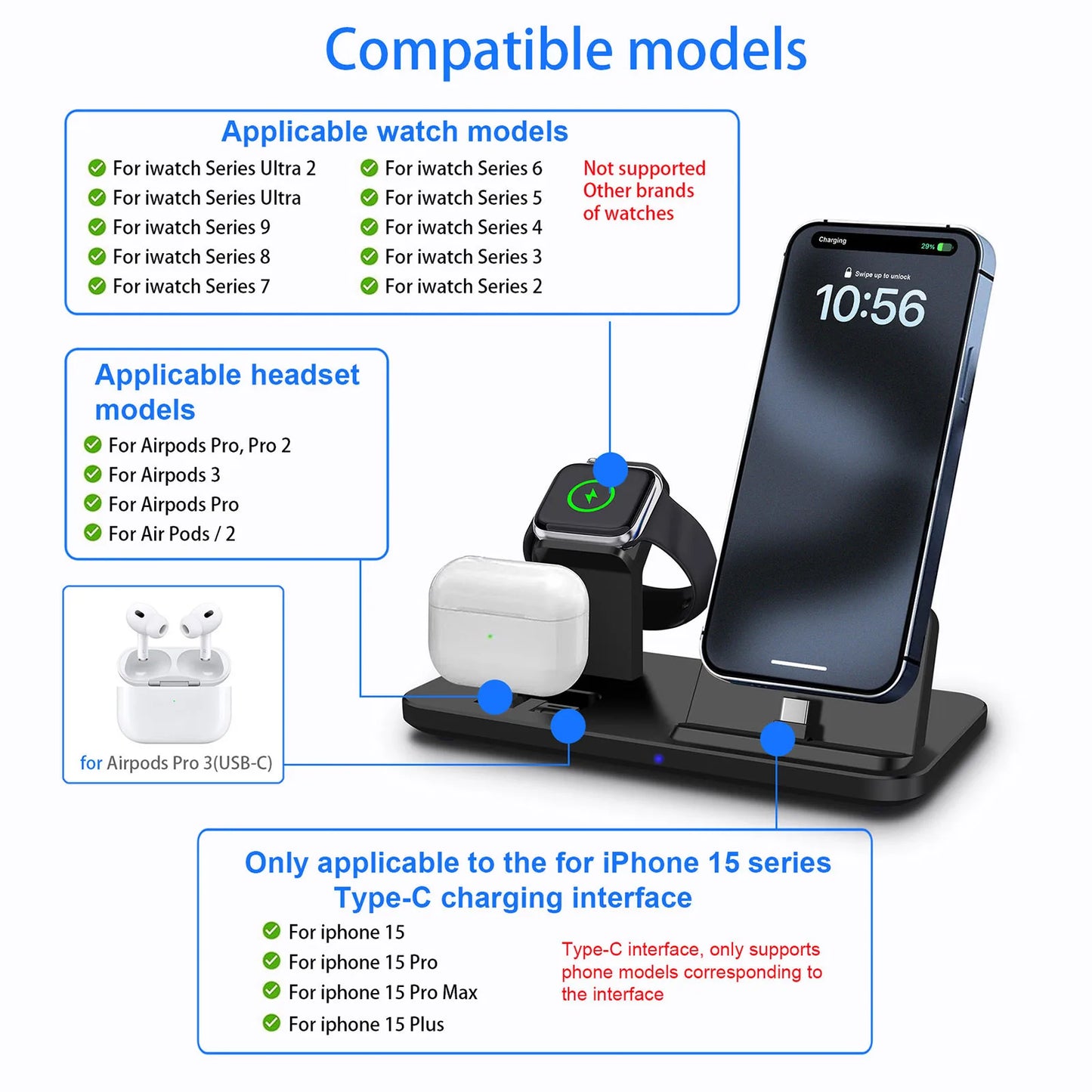 3 in 1 Wireless Charger For iPhone 15/Pro/Pro Max/Plus Charger Fast Charging Station for iWatch 9 8 7 6 5 4 3 2 Airpods 2 3 Pro