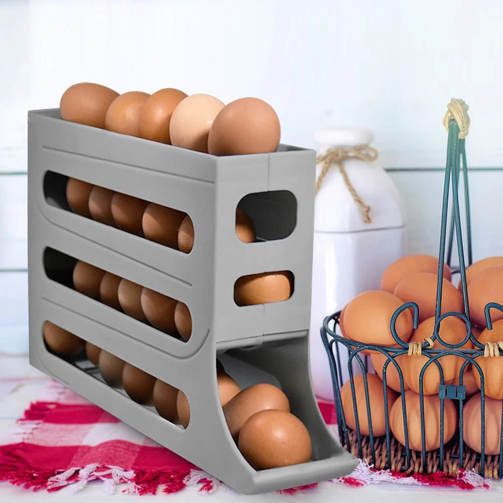 4 Layer Automatic Rolling Egg Holder Large Capacity Space Saving 30 Egg Container Plastic Egg Tray for Refrigerator Storage Box