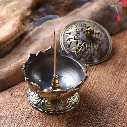 Alloy Incense Burner Chinese Buddha Lotus Flower Incense Holder Censer Buddhist Home Office Decoration No Fragrance Rack