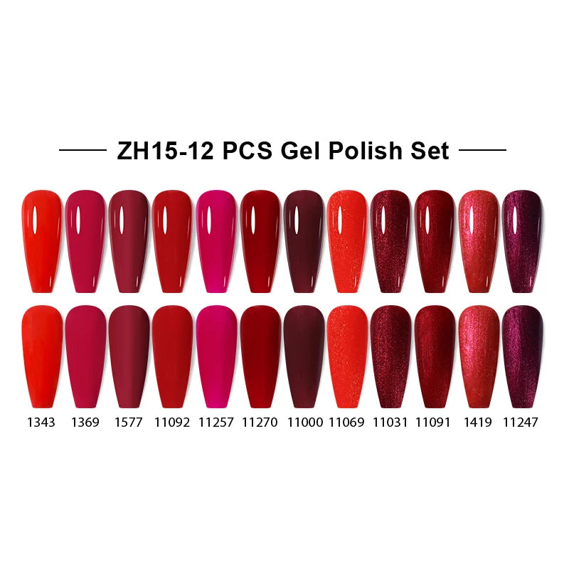 NAILCO 12pcs/Set Gel Nail Polish 15ml LED Gellak Soak Off UV Gel Varnish Red Color Glitter Nail Gel Polish DIY Nail Art Lacquer