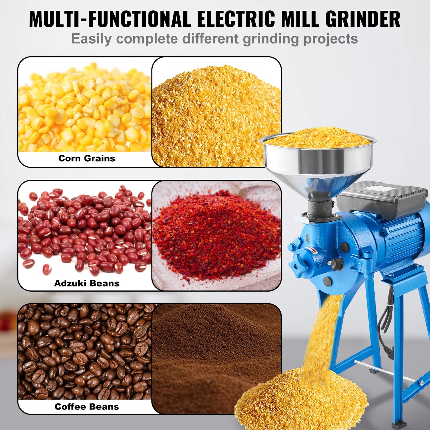 VEVOR Electric Grain Mill Grinder,1500W Spice Grinder,Commercial Corn Mill w/Funnel,Thickness Adjustable Powder Machine,Dry,Wet
