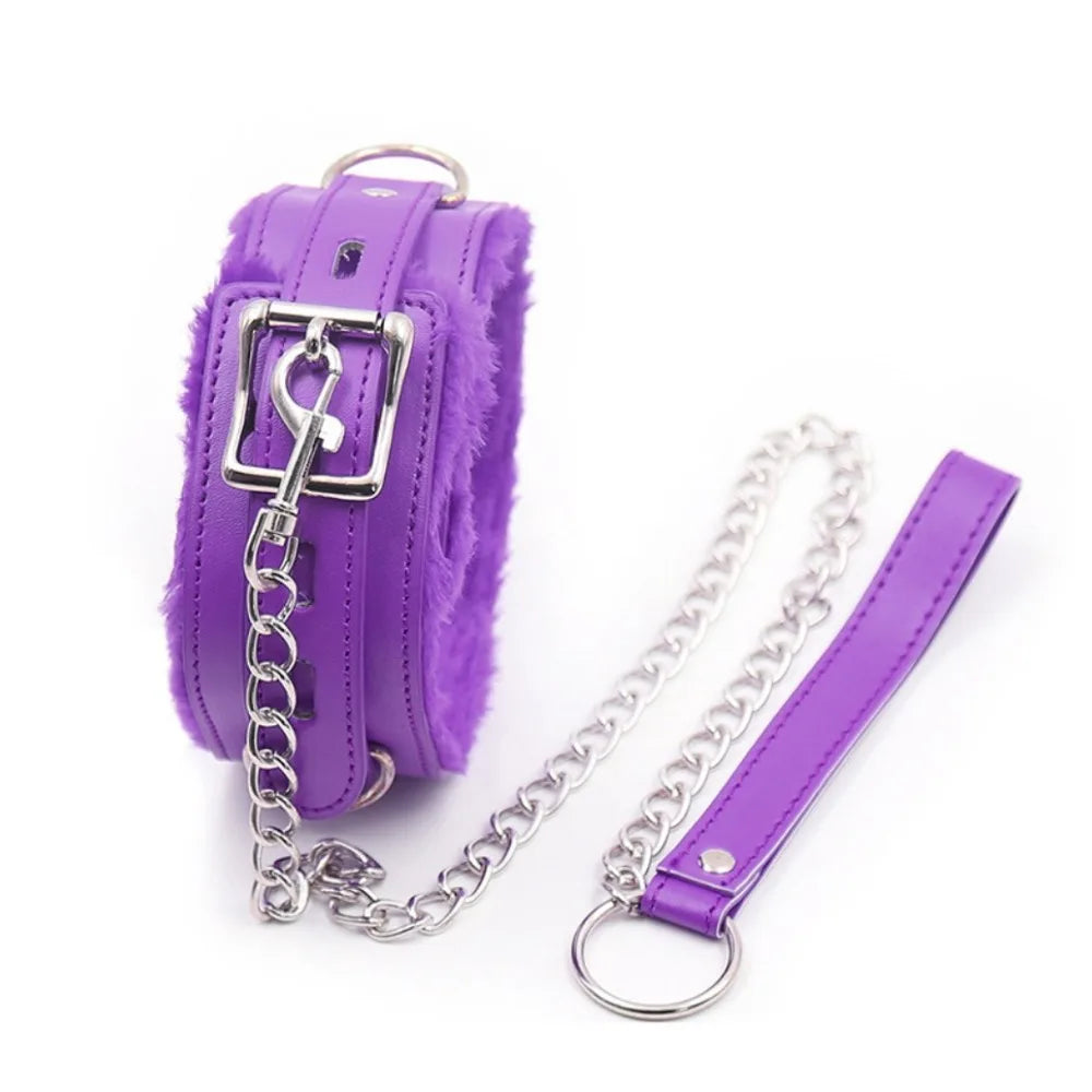 Adult sexy chain red leather thick plush collar dog chain ladies with sm bound collar toys.