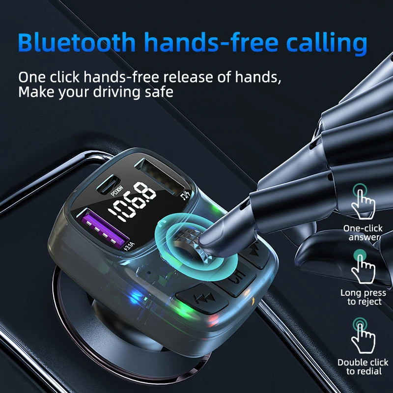 Bluetooth 5.3 Car FM Transmitter PD 30W Dual USB 3.1A Type-C Car Charger Handsfree Car Kit Mp3 Player Autoradio