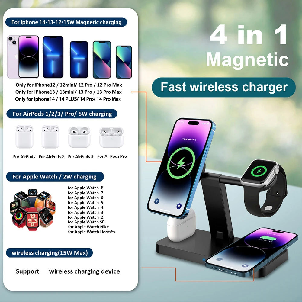 30W Magnetic 4 in 1 Wireless Charger Stand Dock For iPhone 15 14 13 12 Pro Max Apple iWatch 9 8 Airpods 3 Fast Charging Station
