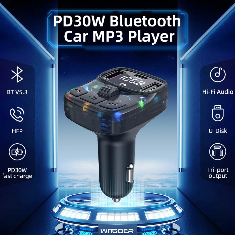 Bluetooth 5.3 Car FM Transmitter PD 30W Dual USB 3.1A Type-C Car Charger Handsfree Car Kit Mp3 Player Autoradio