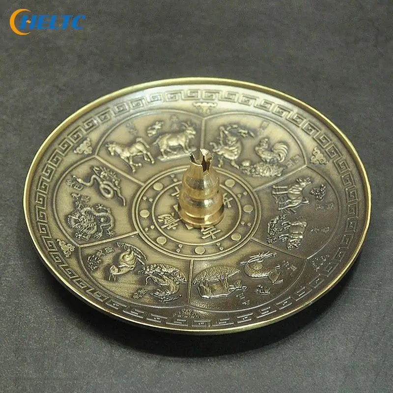 1PCVintage Dragon Phoenix Bronze Incense Tray Twelve Zodiac Antique Thread Incense Holder Incense Burner Indoor Sandalwood Stove