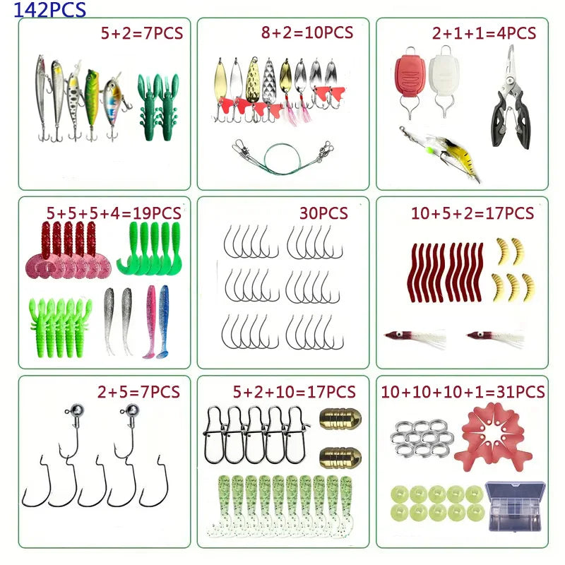 Fishing Lure Set 18/21/59/142pcs Mixed VIB Lure Kit Soft Lure Minnow Popper Hooks All Fishing Accessory Fresh Water