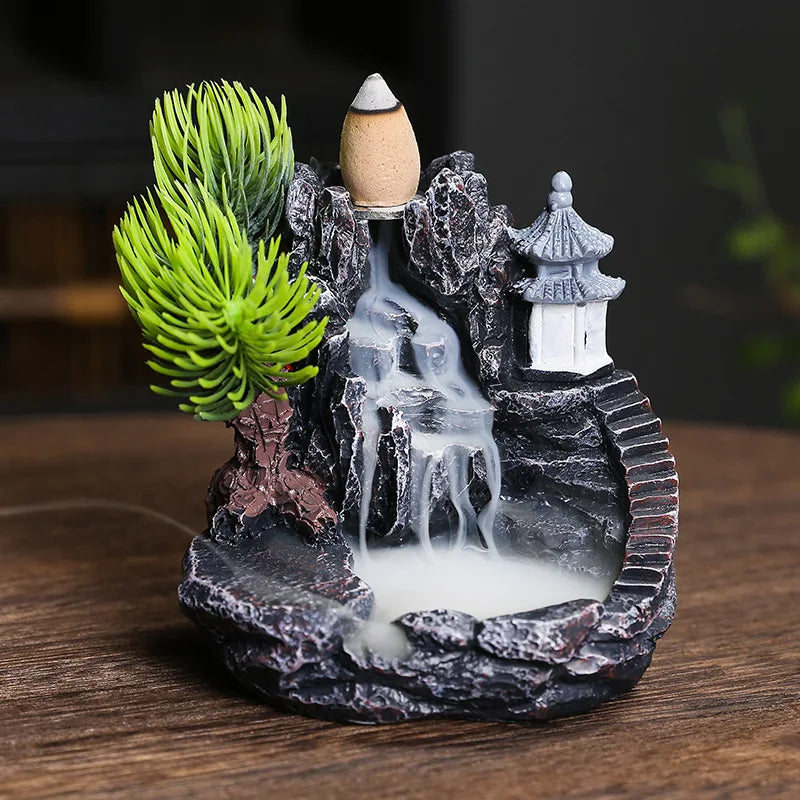 Backflow Incense Holder Mountains River Waterfall Fragrance Fireplace Aromatherapy Zen Home Decor with Backflow Incense Cones