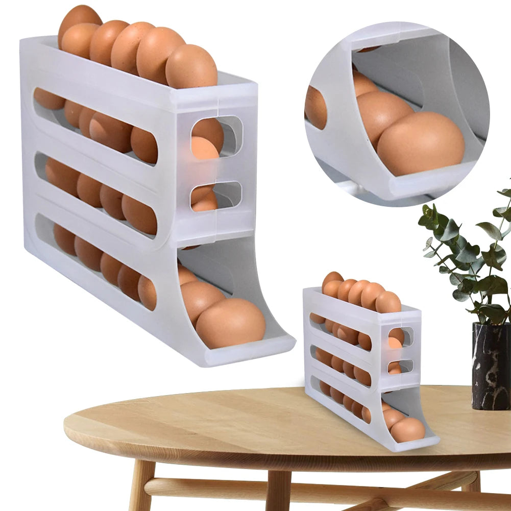 4 Layer Automatic Rolling Egg Holder Large Capacity Space Saving 30 Egg Container Plastic Egg Tray for Refrigerator Storage Box