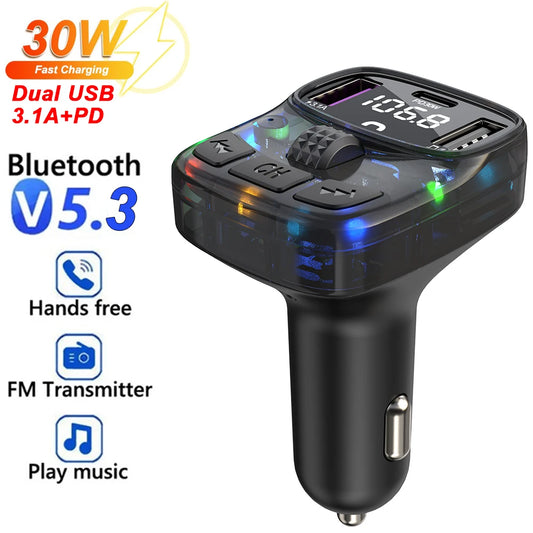 Bluetooth 5.3 Car FM Transmitter PD 30W Dual USB 3.1A Type-C Car Charger Handsfree Car Kit Mp3 Player Autoradio