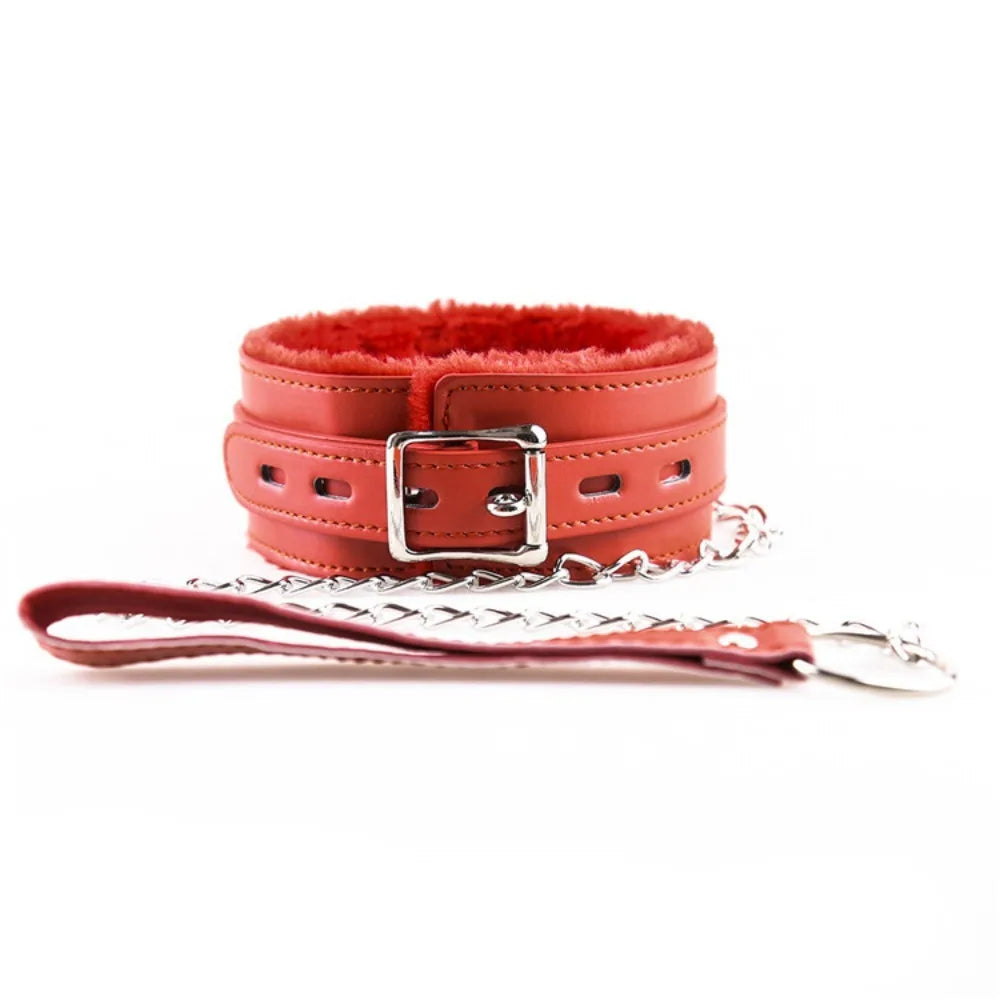 Adult sexy chain red leather thick plush collar dog chain ladies with sm bound collar toys.