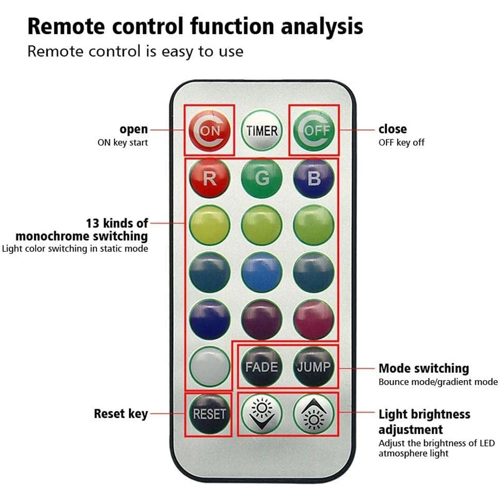 2/4pcs Wireless Adhesive Multicolor Atmosphere Light with Remote Control Kit IP68 Waterproof Car Interior Roof Foot Ambient Lamp