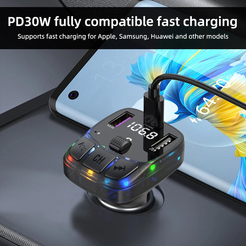 Bluetooth 5.3 Car FM Transmitter PD 30W Dual USB 3.1A Type-C Car Charger Handsfree Car Kit Mp3 Player Autoradio