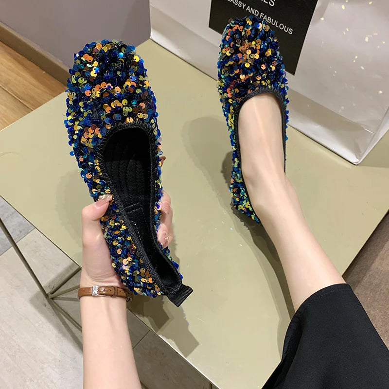 Elegant Women's Leather Shoes Comfort Autumn Casual Female Sneakers Square Toe Flats Comfortable Boat Moccasin Fall New Glitter