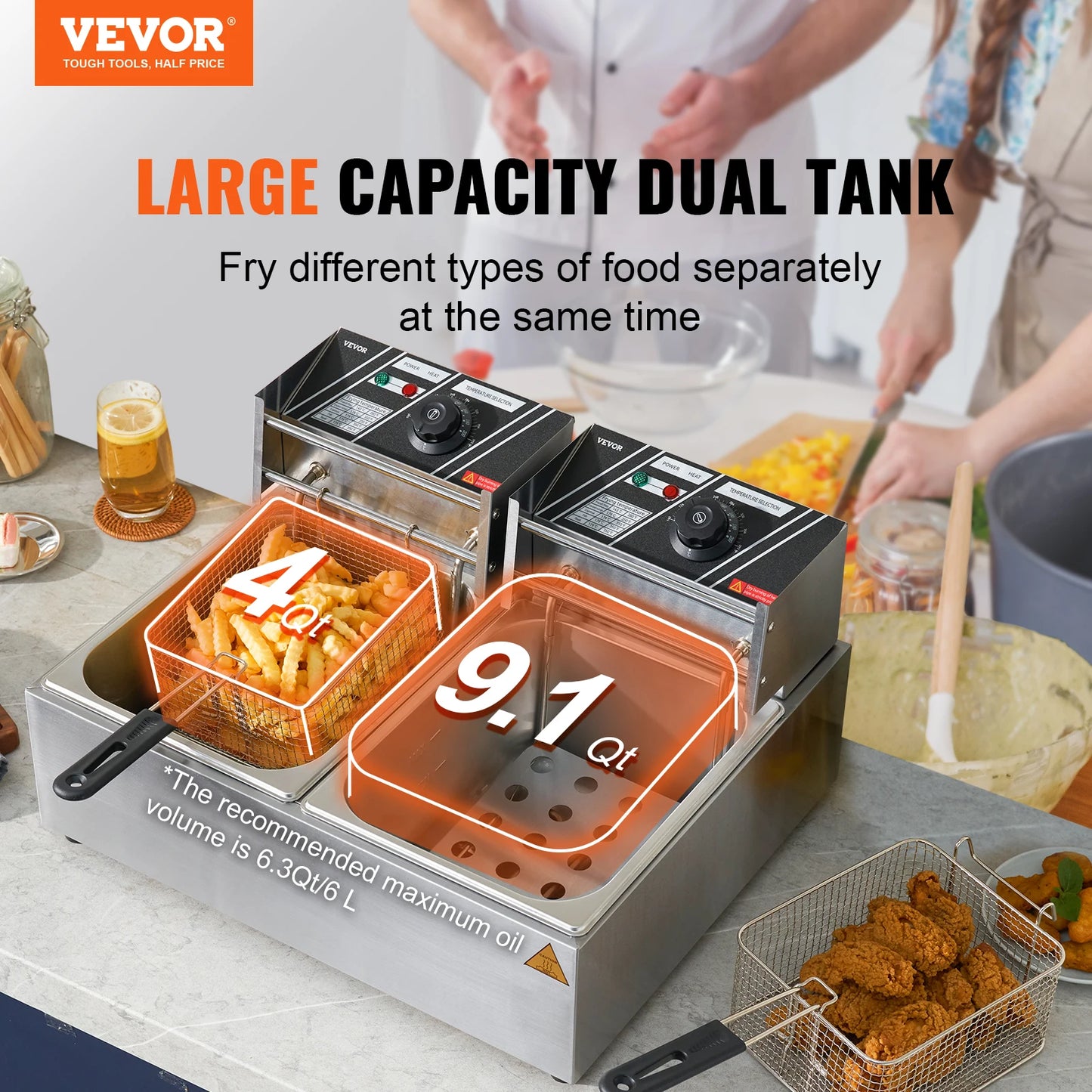 VEVOR Commercial Electric Deep Fryer, 24L 3000W Electric Countertop Fryer with Dual Removable Basket, for Kitchen, Restauran