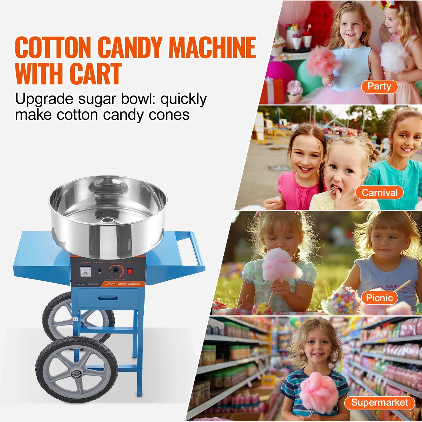 VEVOR Electric Cotton Candy Machine with Cart Commercial Candy Floss Maker with Stainless Steel Bowl Sugar Scoop and Drawer