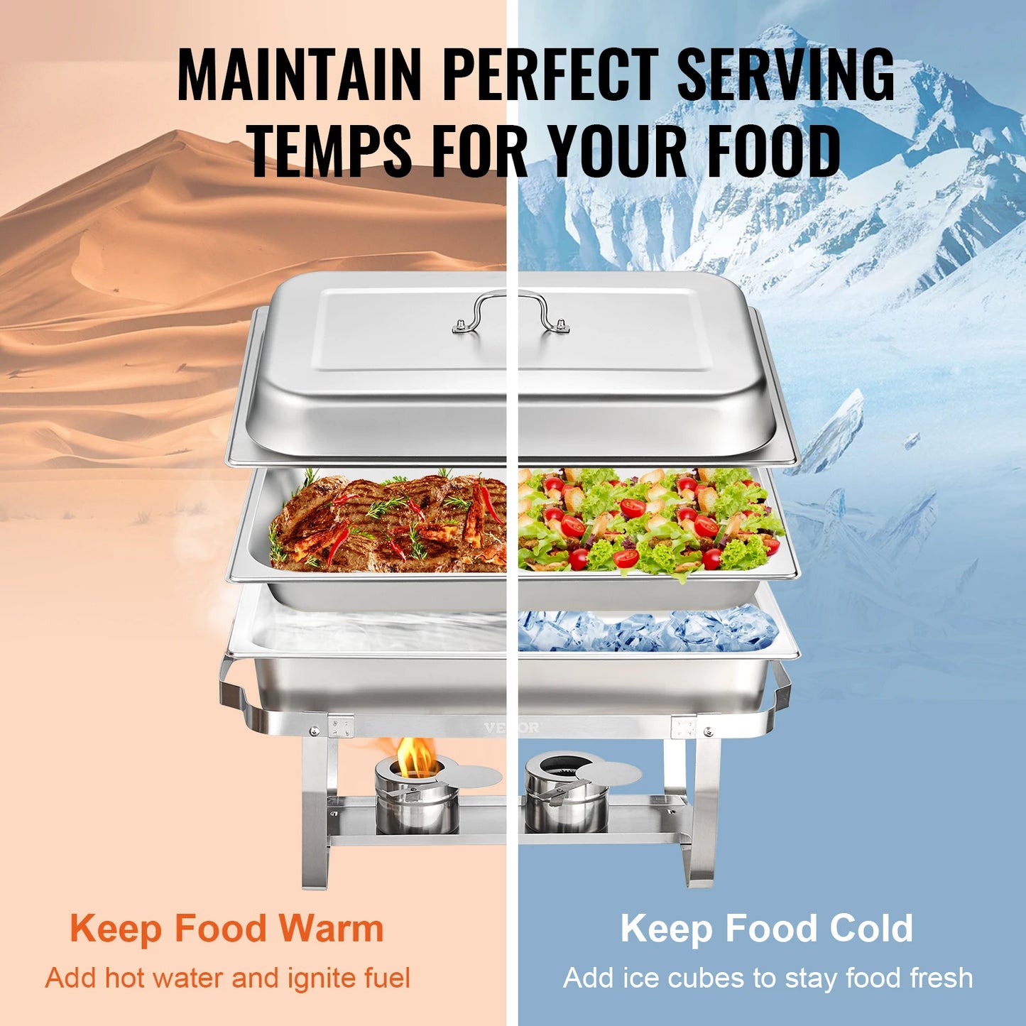 VEVOR 6 Packs 8QT Rectangle Chafing Dish w/ Full Size Pans Buffet Catering Warmer Server Folding Stand Fuel Holder Tray