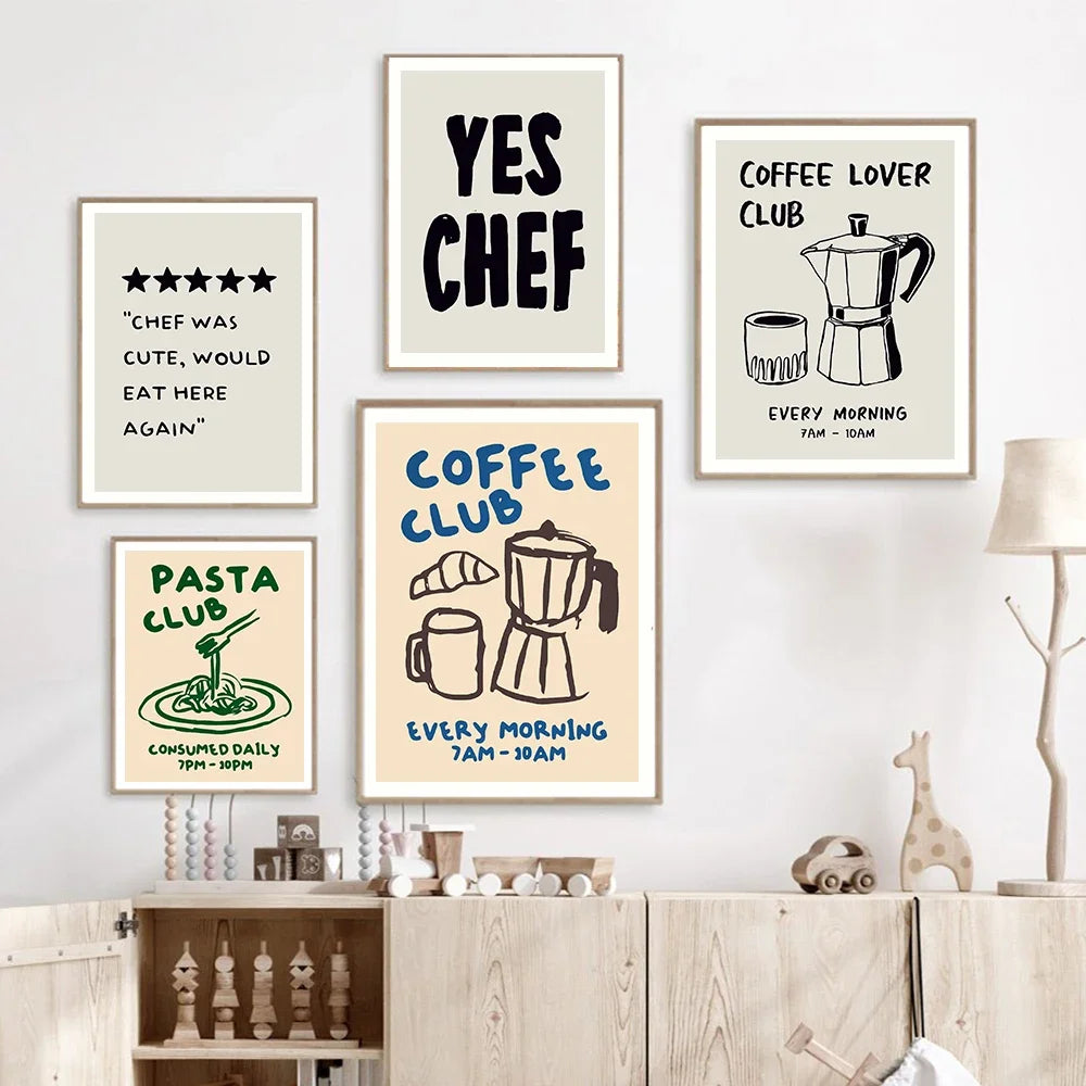 Food Art Posters Coffee Lover Pasta Club Canvas Painting Wall Prints Yes Chef Kitchen Pictures for Living Room Home Decoration