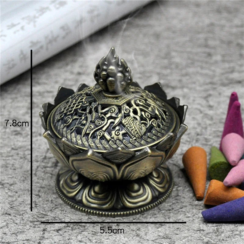 Alloy Incense Burner Chinese Buddha Lotus Flower Incense Holder Censer Buddhist Home Office Decoration No Fragrance Rack