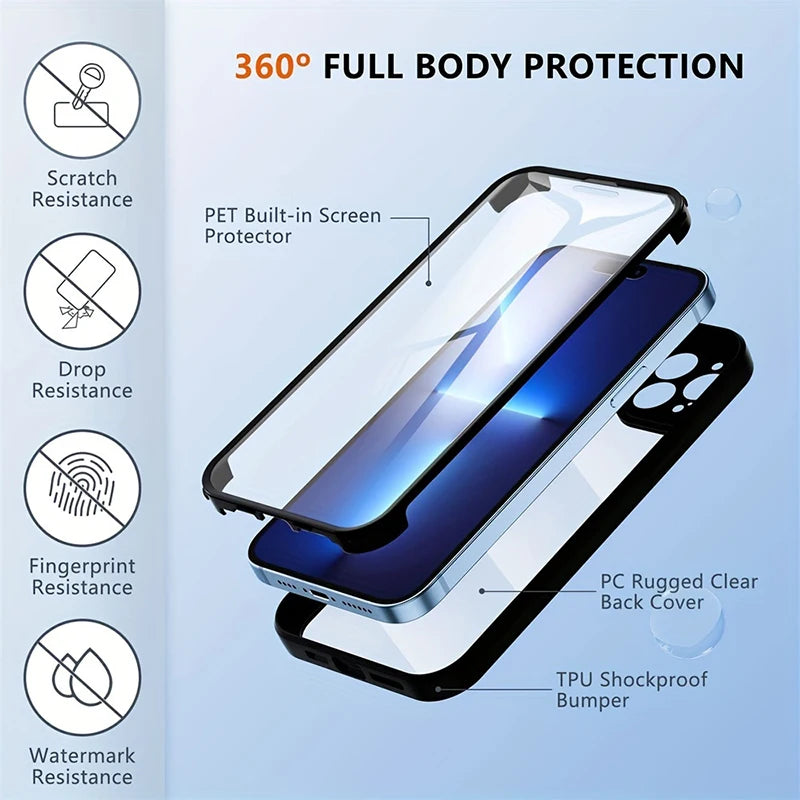 360 Full Body Heavy Duty Case For iPhone 15 14 Pro Max 13 12 Pro 11 XS 7 8 Plus Double Sided Transparent Cover Soft Phone Case